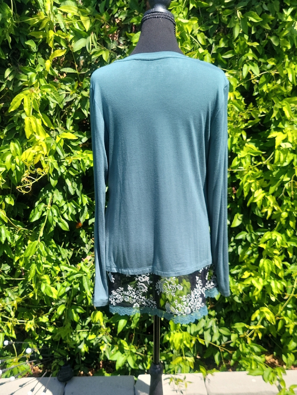 Teal Long-Sleeve Lace Embroidered Hem Women's Tunic Top M - Picture 7 of 12